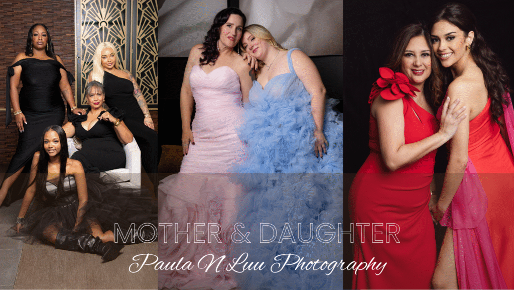 Houston portrait studio with mom and daughter in formal dresses like magazine cover.